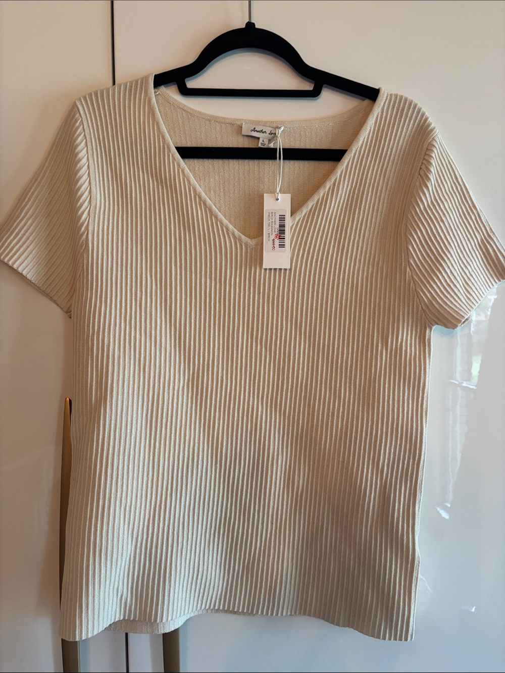 Another Love Ivory Ribbed V-Neck Short Sleeve Top